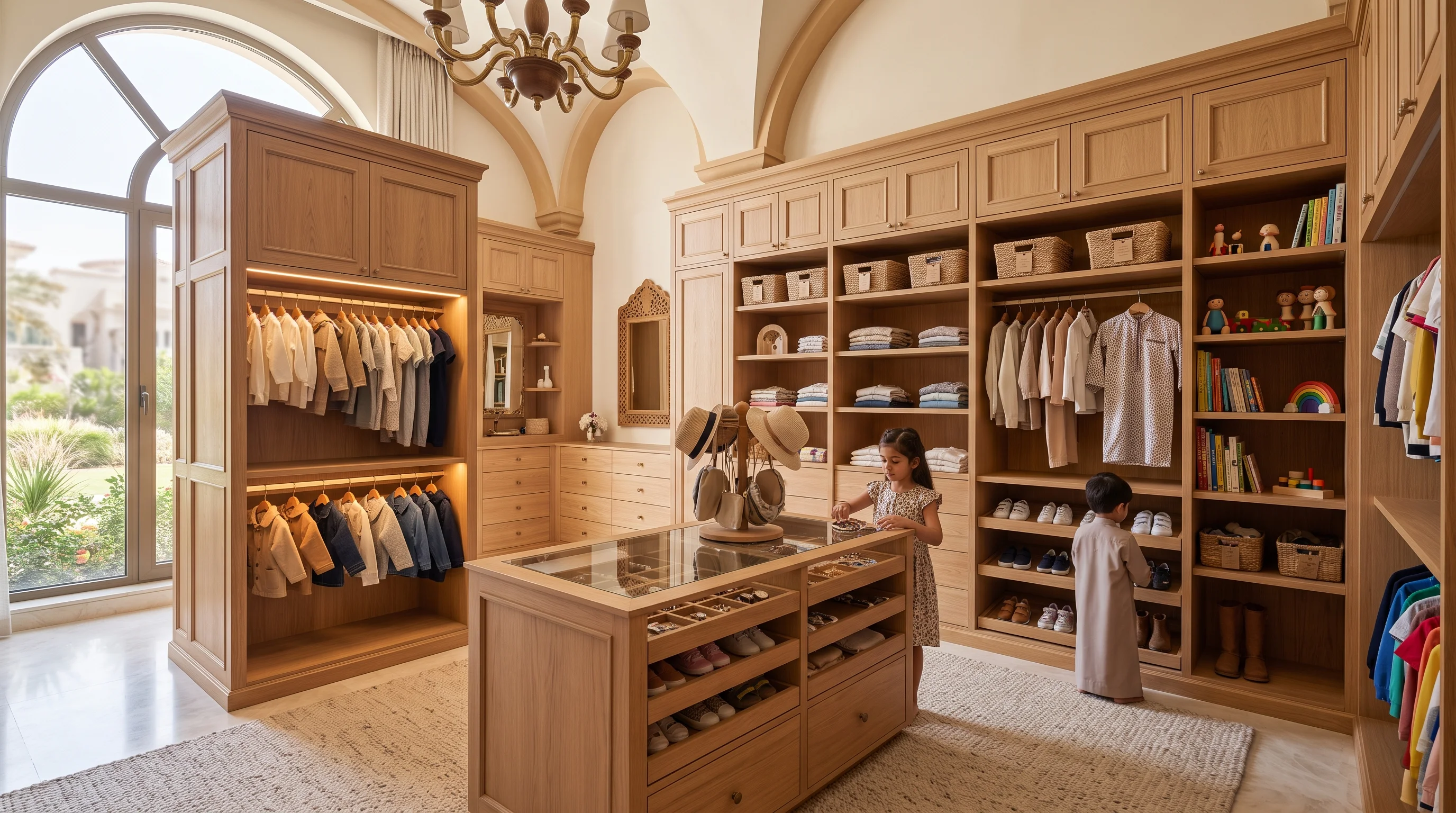 Architectural wardrobe suite with integrated shoe display in Al Rayyan estate